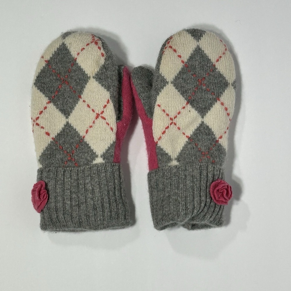Handmade Women's Cashmere Mittens Upcycled Argyle Fleece Lined Warm Winter Gray